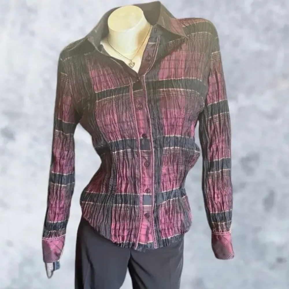Cache Y2k Plaid Scrunchie Button Down Blouse - image 1